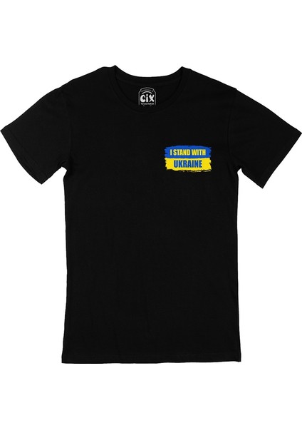 Cix I Stand With Ukraine Ukrayna Cep Logo Tasarımlı Siyah Tişört