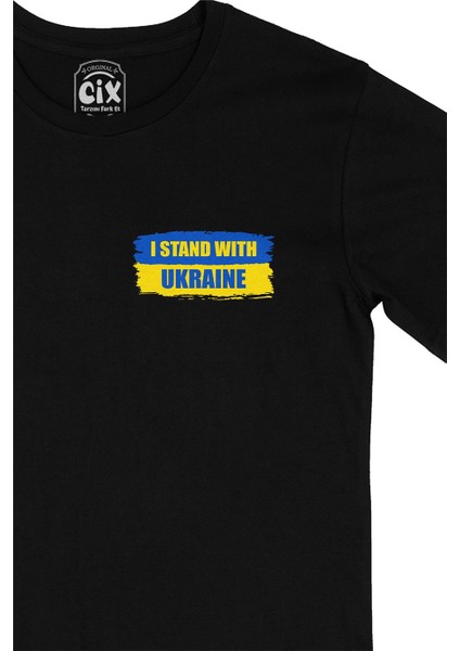 Cix I Stand With Ukraine Ukrayna Cep Logo Tasarımlı Siyah Tişört