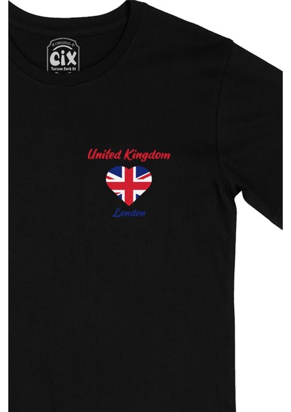 Cix Londra Ingiltere Bayraklı Kalpli Cep Logo Tasarımlı Siyah Tişört fiyatları