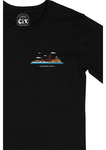 Golden Gate Cep Logo Tasarımlı Siyah Tişört