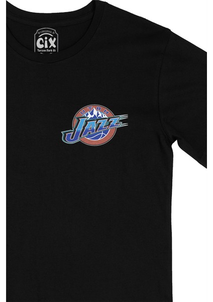 Cix Utah Jazz Logolu Cep Logo Tasarımlı Siyah Tişört