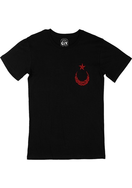 Cix Osmanlıca Türkiye Cumhuriyeti Ay Yıldızlı Cep Logo Tasarımlı Siyah Tişört