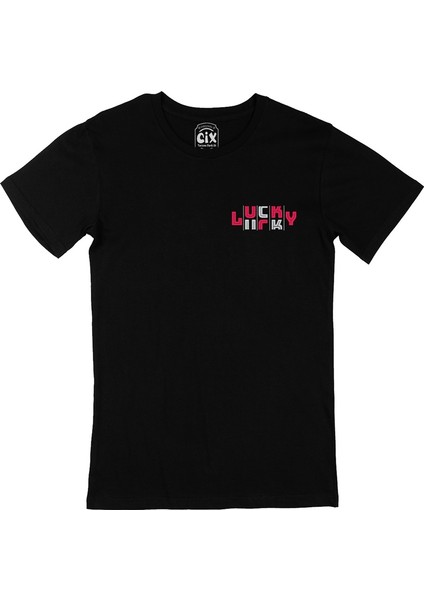 Cix Lucky Şanslı Pembe Cep Logo Tasarımlı Siyah Tişört