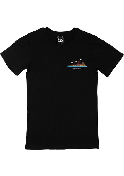 Cix Golden Gate Cep Logo Tasarımlı Siyah Tişört