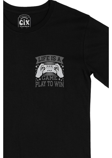 Life Is A Game Cep Logo Tasarımlı Siyah Tişört