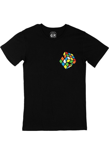 Cix Rubik Küp Tasarımlı Cep Logo Tasarımlı Siyah Tişört