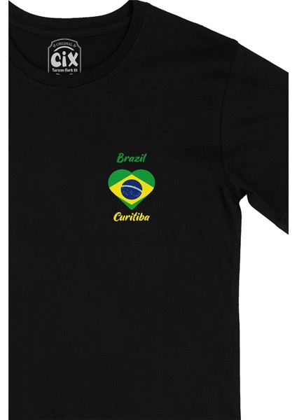 Curitiba Brezilya Bayraklı Kalpli Cep Logo Tasarımlı Siyah Tişört fiyatları