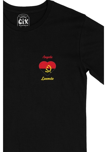 Cix Luanda Angola Bayraklı Kalpli Cep Logo Tasarımlı Siyah Tişört fiyatları
