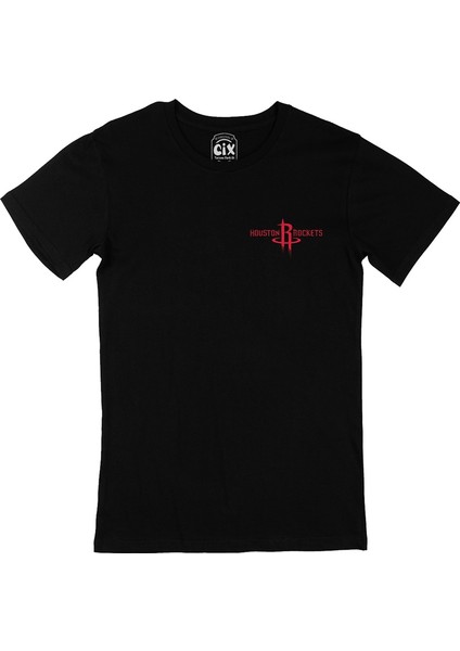 Houston Rockets Logolu Cep Logo Tasarımlı Siyah Tişört