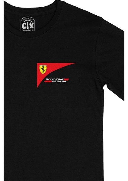 Cix F1 Scuderia Ferrari Cep Logo Tasarımlı Siyah Tişört