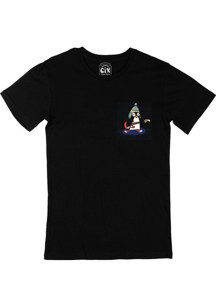 Şapkalı Gitarcı Rocker Penguen Cep Logo Tasarımlı Siyah Tişört