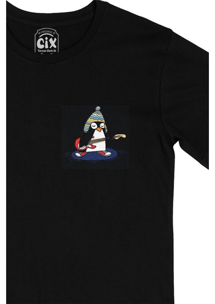 Şapkalı Gitarcı Rocker Penguen Cep Logo Tasarımlı Siyah Tişört fiyatları