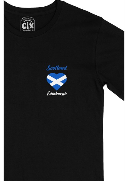 Cix Edinburgh Iskoçya Bayraklı Kalpli Cep Logo Tasarımlı Siyah Tişört
