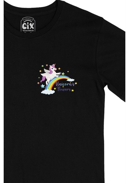Cix Unicorn Power Cep Logo Tasarımlı Siyah Tişört