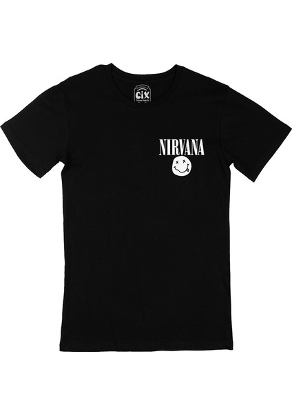 Nirvana Sarı Tasarım Cep Logo Tasarımlı Siyah Tişört