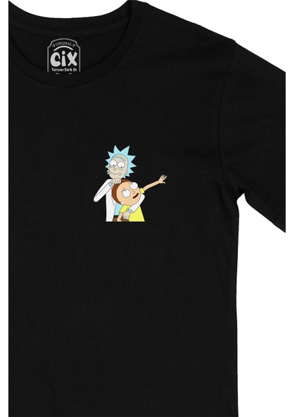Cix Rick And Morty Tasarımlı Cep Logo Tasarımlı Siyah Tişört