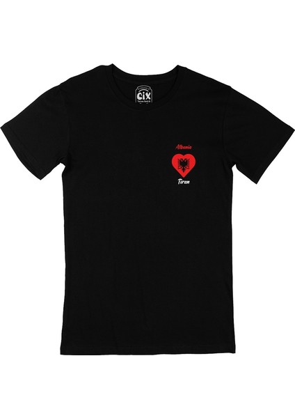 Cix Tiran Arnavutluk Bayraklı Kalpli Cep Logo Tasarımlı Siyah Tişört
