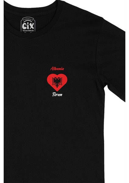 Cix Tiran Arnavutluk Bayraklı Kalpli Cep Logo Tasarımlı Siyah Tişört fiyatları