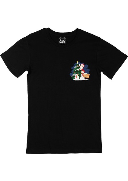 Cix Mutlu Yıllar Santa Claus Cep Logo Tasarımlı Siyah Tişört