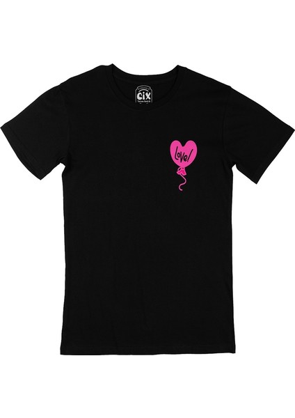 Cix Pembe Aşk Balonu Cep Logo Tasarımlı Siyah Tişört