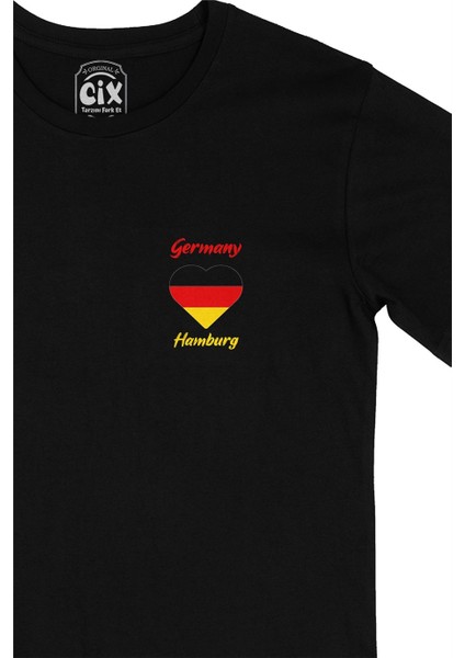 Cix Hamburg Almanya Bayraklı Kalpli Cep Logo Tasarımlı Siyah Tişört fiyatları
