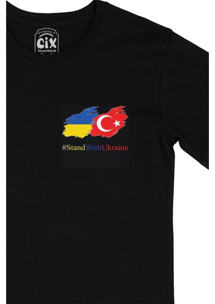 Cix Stand With Ukraine Ukrayna Türkiye Cep Logo Tasarımlı Siyah Tişört fiyatları