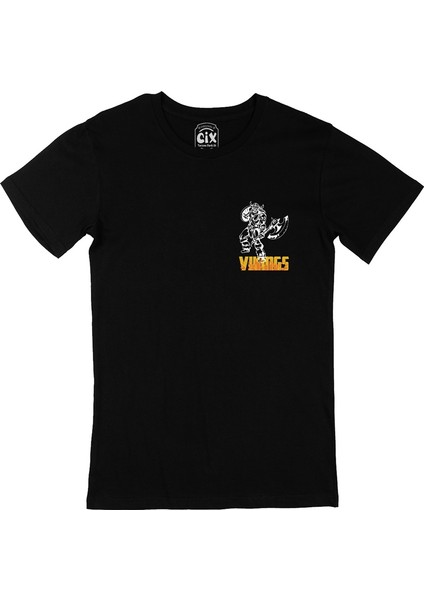 Cix Güçlü Vikings Cep Logo Tasarımlı Siyah Tişört