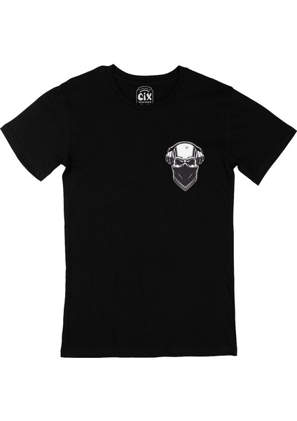 Cix Kulaklıklı Kuru Kafa Cep Logo Tasarımlı Siyah Tişört