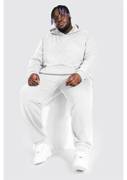 Büyük Beden Kapüşonlu Sweatshirt ve Eşofman Alt Üst Erkek Beyaz Eşofman Takımı 1001U_3001A_2010