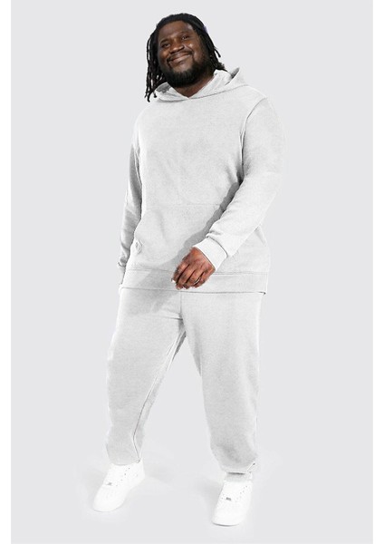 Büyük Beden Kapüşonlu Sweatshirt ve Eşofman Alt Üst Erkek Beyaz Eşofman Takımı 1001U_3001A_2010