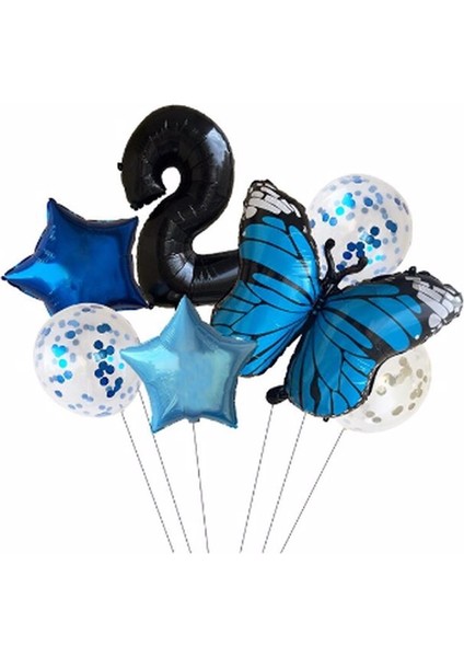 Mavi Kelebek Balon Set Yıldız Balon Folyo Set Doğum Günü Set Yaş 2