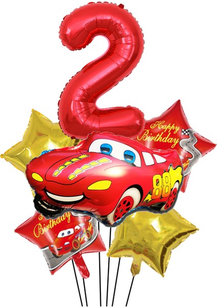 Kırmızı Araba Yıldız Rakam Folyo Balon Seti Yaş 2