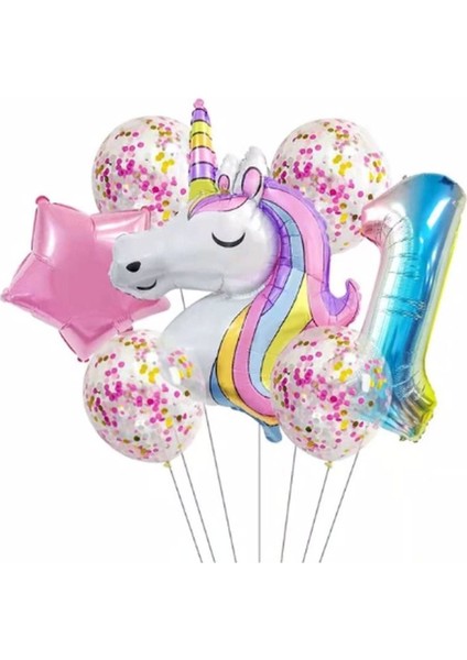 Unicorn Balon Folyo Set Konsept Doğum Günü Set Yaş 1