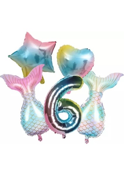 Deniz Konsept Kuyruğu Kalp Yıldız 6 Yaş Folyo Balon Set
