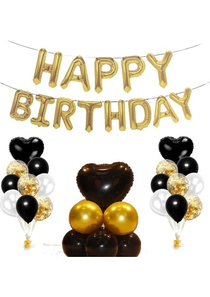 Siyah Kalp Folyo Happy Bırthday Doğum Günü Seti