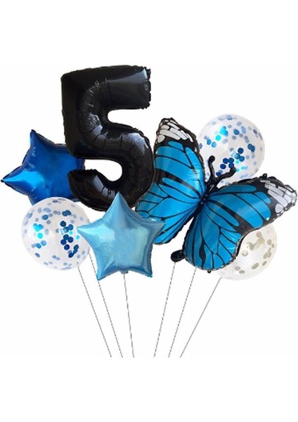 Mavi Kelebek Balon Set Yıldız Balon Folyo Set Doğum Günü Set Yaş 5
