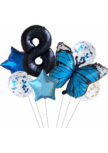 Mavi Kelebek Balon Set Yıldız Balon Folyo Set Doğum Günü Set Yaş 8