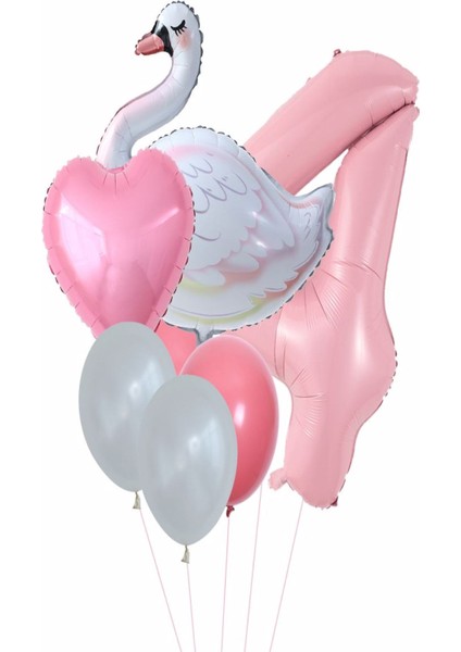 Kuğu Balon Pembe Rakam Kalpfolyo Balon Set Yaş 1