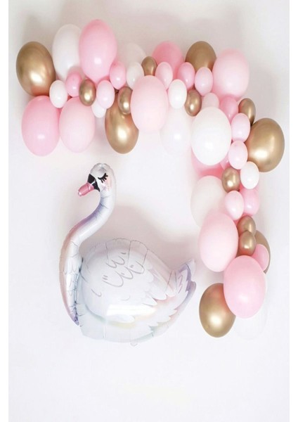 Kuğu Balon Pembe Beyaz Krom Gold Balon Seti