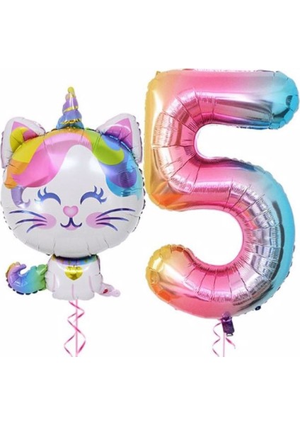 Unicorn Kedi Balon Gökkuşağı Renkli Sayı Doğum Günü Set Yaş 5