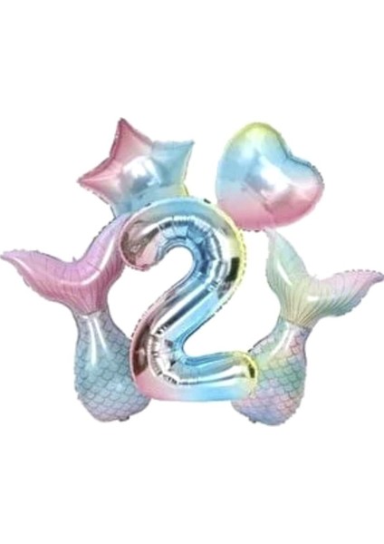 Deniz Kızı Kuyruğu Kalp Yıldız 2 Yaş Folyo Balon Set