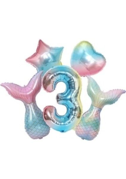Deniz Konsept Kuyruğu Kalp Yıldız 3 Yaş Folyo Balon Set