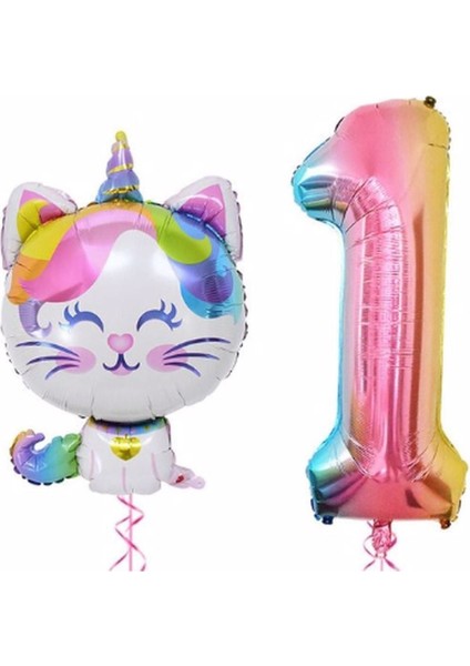 Unicorn Kedi Balon Gökkuşağı Renkli Sayı Doğum Günü Set Yaş 1