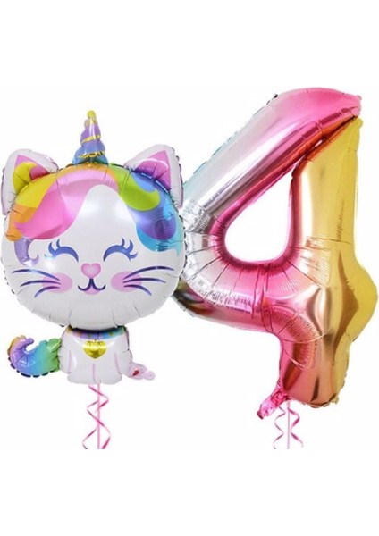 Unicorn Kedi Balon Gökkuşağı Renkli Sayı Doğum Günü Set Yaş 4