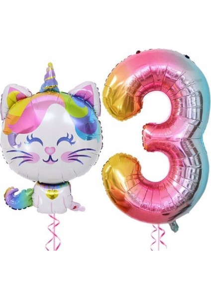 Unicorn Kedi Balon Gökkuşağı Renkli Sayı Doğum Günü Set Yaş 3