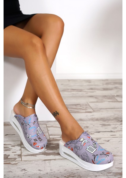 Gri Sağlık Desen Kadın Airmax Taban Tam Ortopedik Anatomik Hastene, Doktor, Hemşire, Aşçı Sabo Terlik