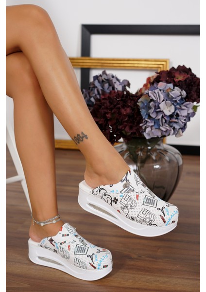 Beyaz Sağlık Desen Kadın Airmax Taban Tam Ortopedik Anatomik Hastene, Doktor, Hemşire, Aşçı Sabo Terlik