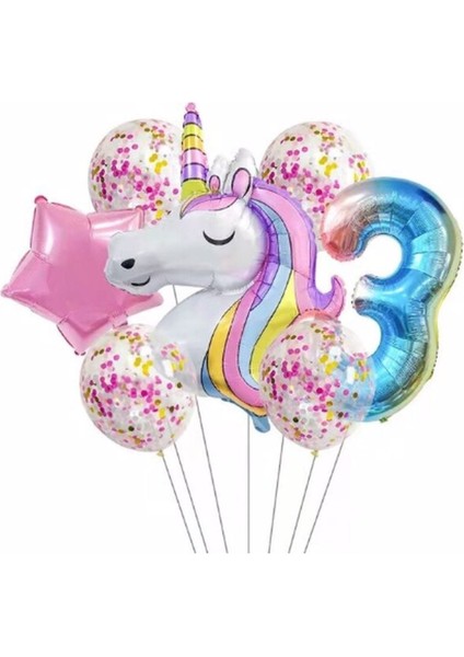 Unicorn Balon Folyo Set Konsept Doğum Günü Set Yaş 3