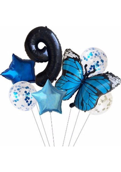 Mavi Kelebek Balon Set Yıldız Balon Folyo Set Doğum Günü Set Yaş 9