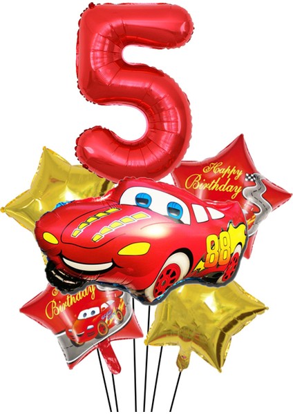 Kırmızı Araba Yıldız Rakam Folyo Balon Seti Yaş 5